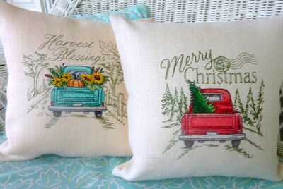 Burlap Christmas pillow, Embroidered Red Truck pillow cover - image3